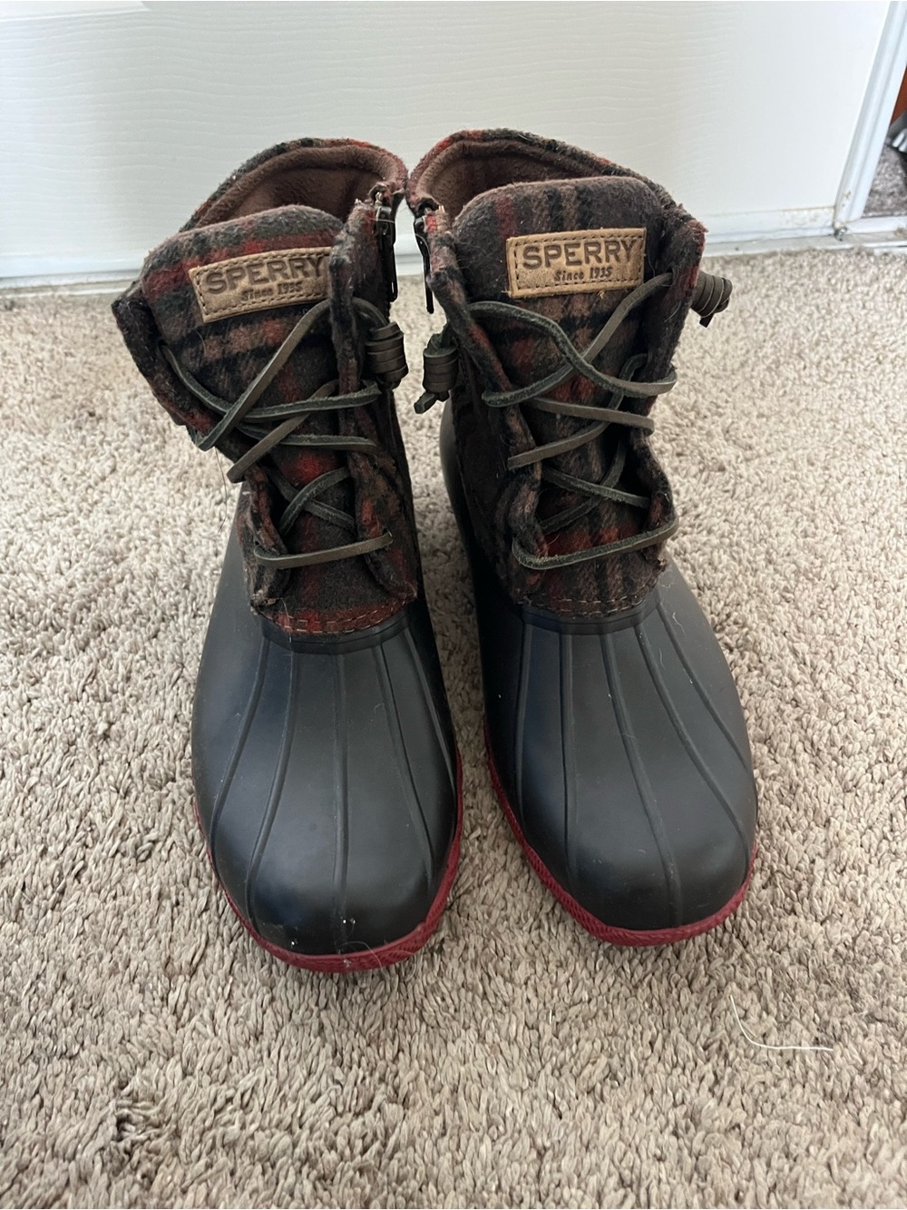 Sperry Black Rubber Duck Boots with Red Trim and Plaid Collar